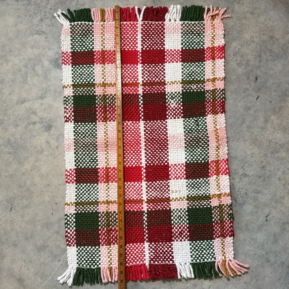 Handwoven Plaid Door Mat in Red, Green & Pink